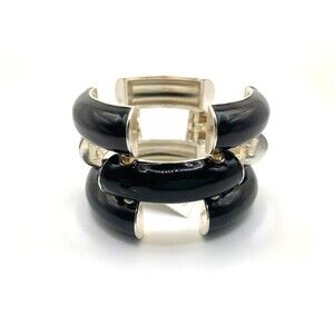 WHBM NEW w/ DEFECT Chunky Wide Huge Link Chain Bracelet Black Enamel Silver Tone